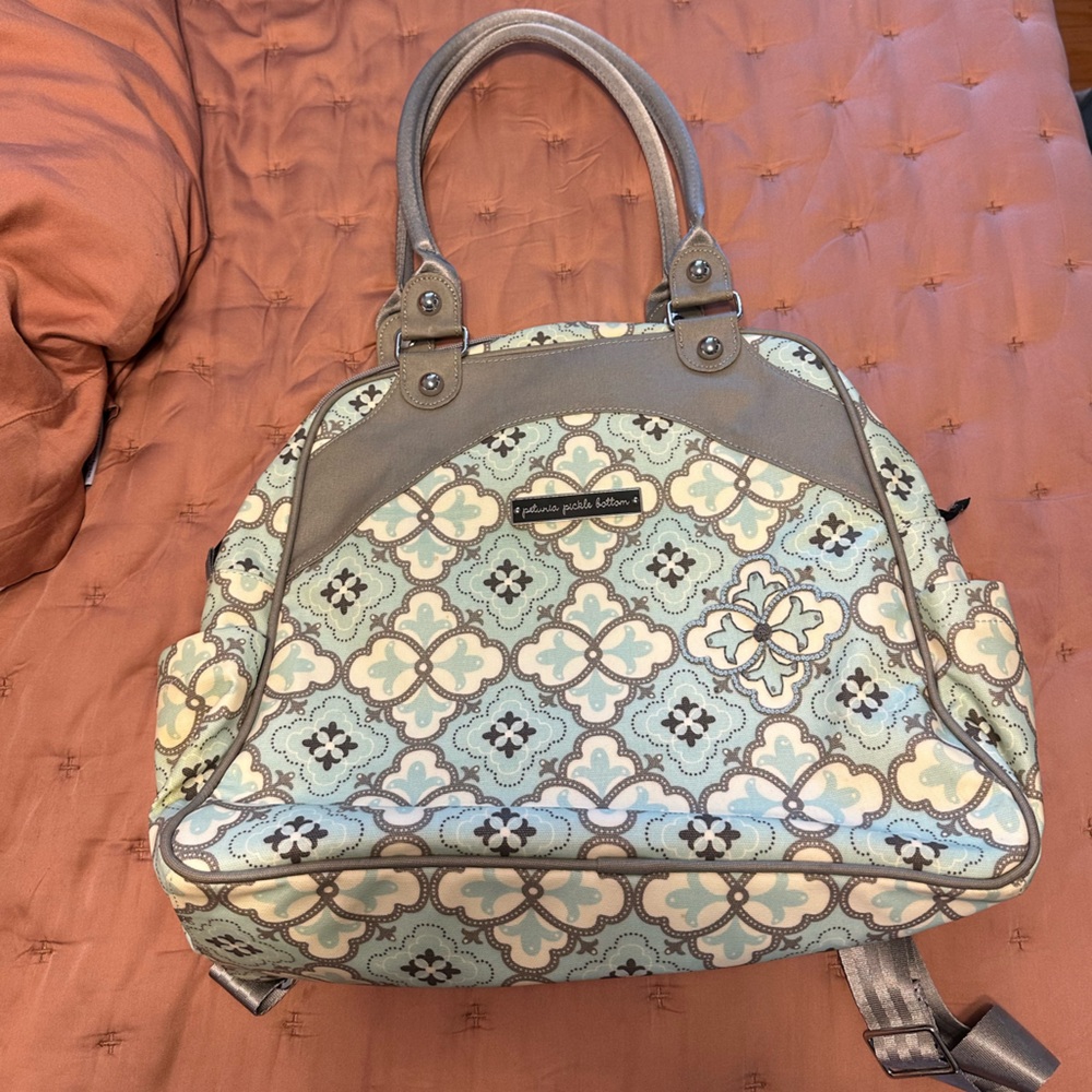 Petunia Pickle Bottom Diaper Bag. Aqua & Cream Floral (classically Crete style)
